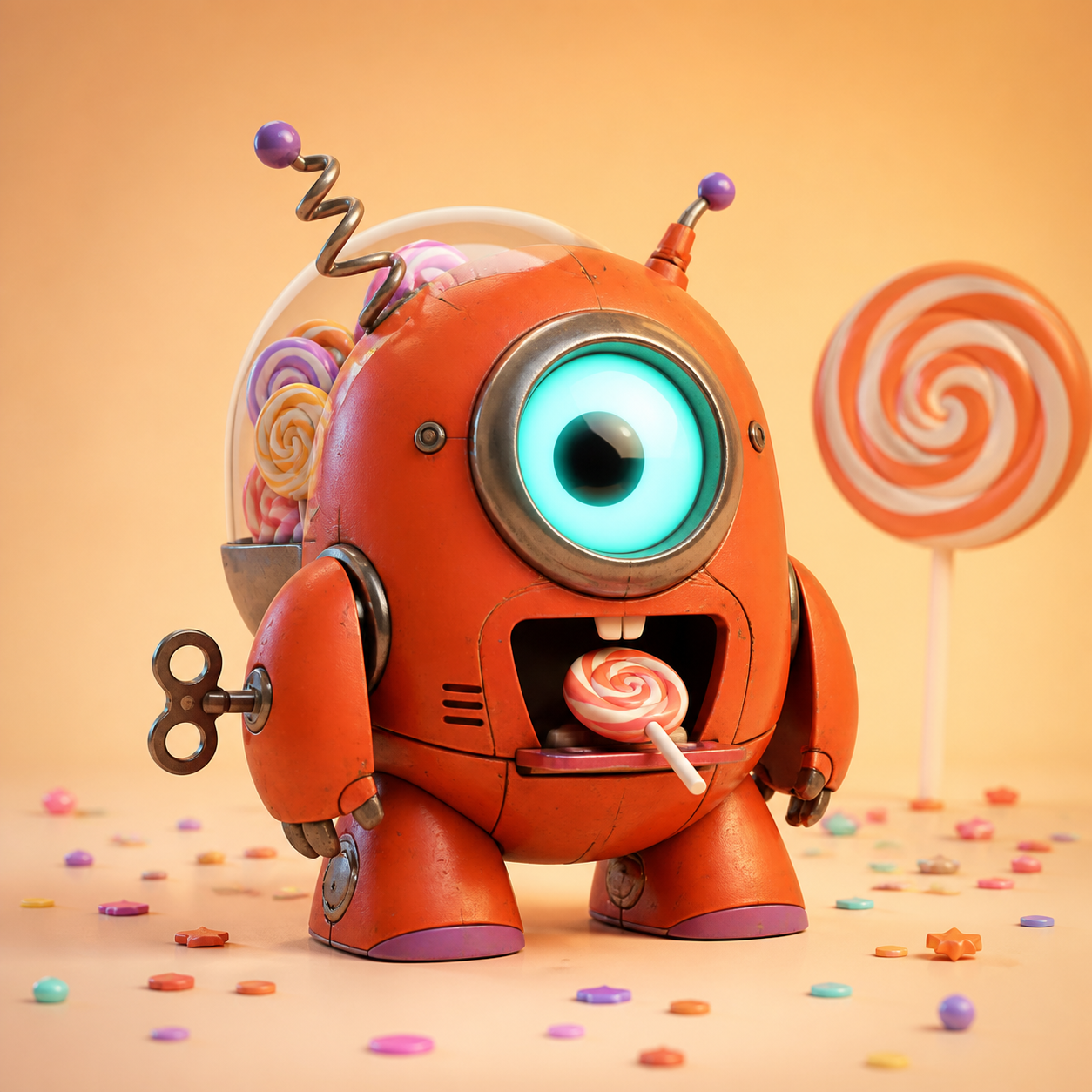 橙色独眼机器人小怪兽 Aibo 的手办渲染图